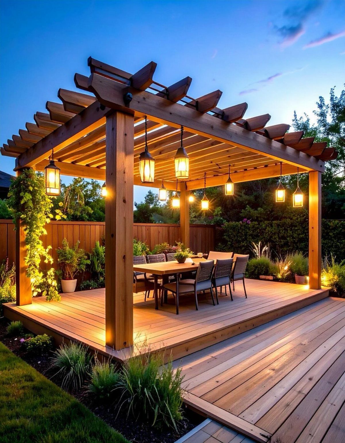 8 Deck No Railing Ideas for Outdoor Living without Barriers 8 Wooden pergola and deck with dining furniture surrounded by lush green plants at twilight.