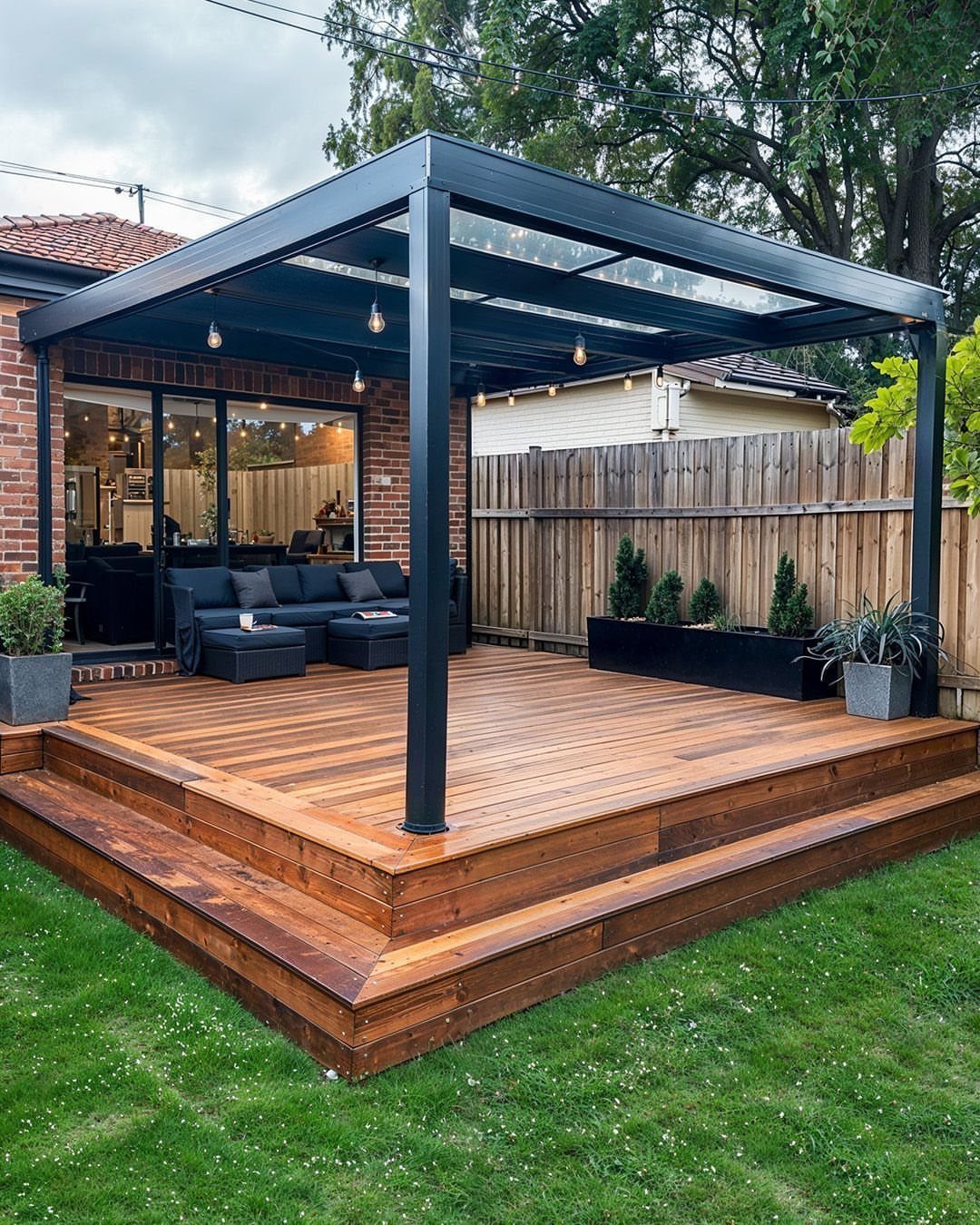 8 Deck No Railing Ideas for Outdoor Living without Barriers 6 A wooden platform deck with a dark metal pergola and outdoor sectional sofa on green grass.