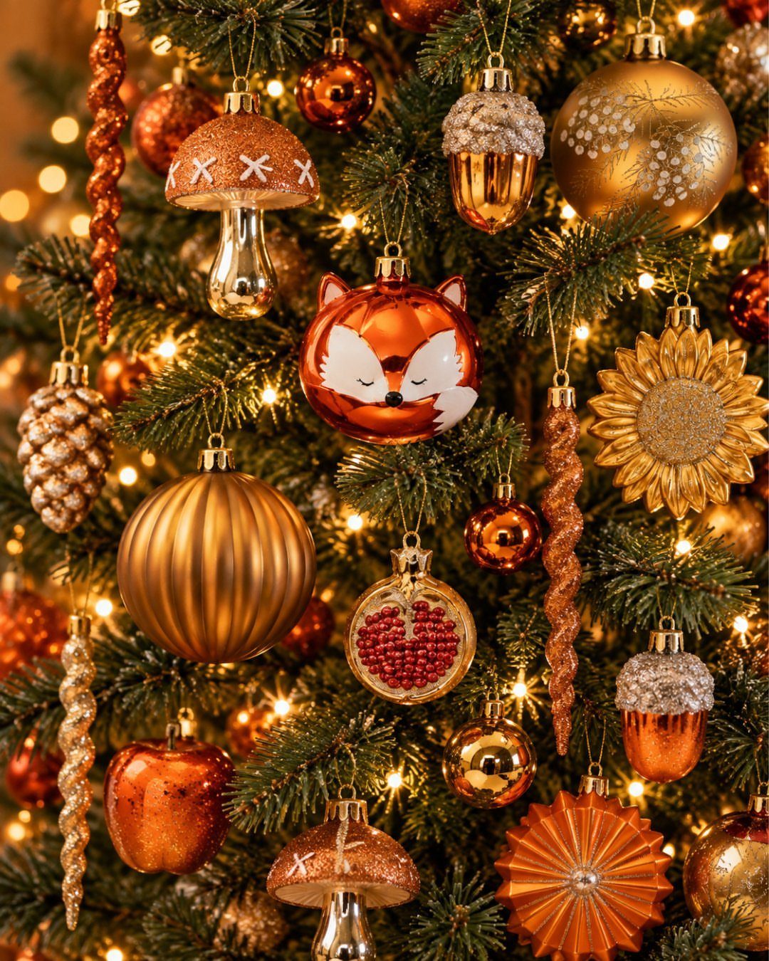 21 DIY Christmas Ornaments for Adults 13 Gold and copper ornaments including foxes, mushrooms, and acorns hanging on a lit Christmas tree.