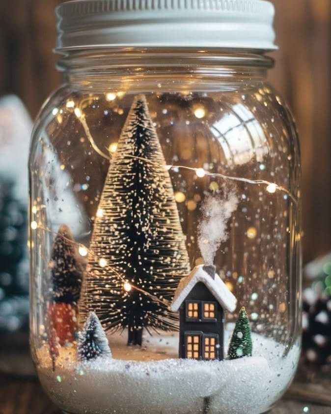 21 DIY Christmas Ornaments for Adults 1 A mason jar snow globe containing miniature trees, a small house, and twinkling lights.