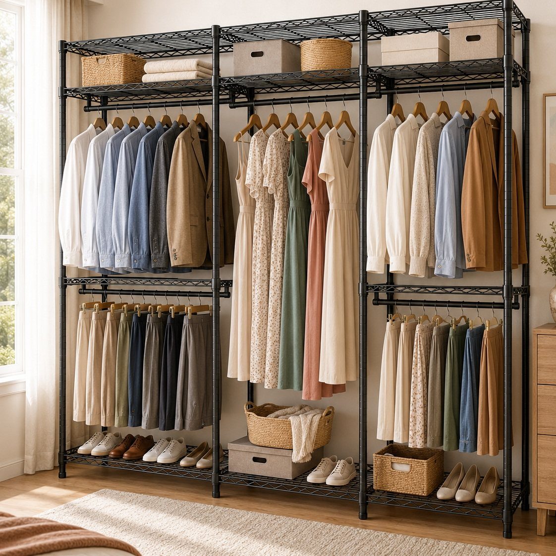 10 DIY Closet Ideas for Room With No Closet 3 Black metal wire shelving unit holding various hanging clothes, boxes, and woven baskets in a bright room.