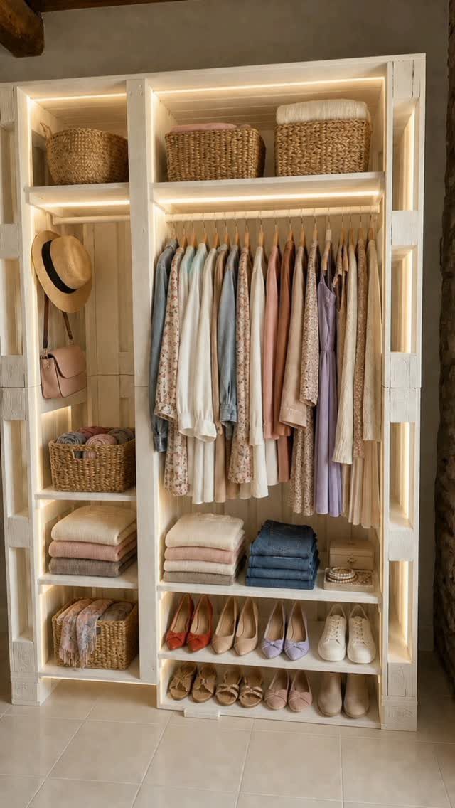 10 DIY Closet Ideas for Room With No Closet 6 White wooden crate shelving unit filled with hanging clothes, woven baskets, folded linens, and shoes.