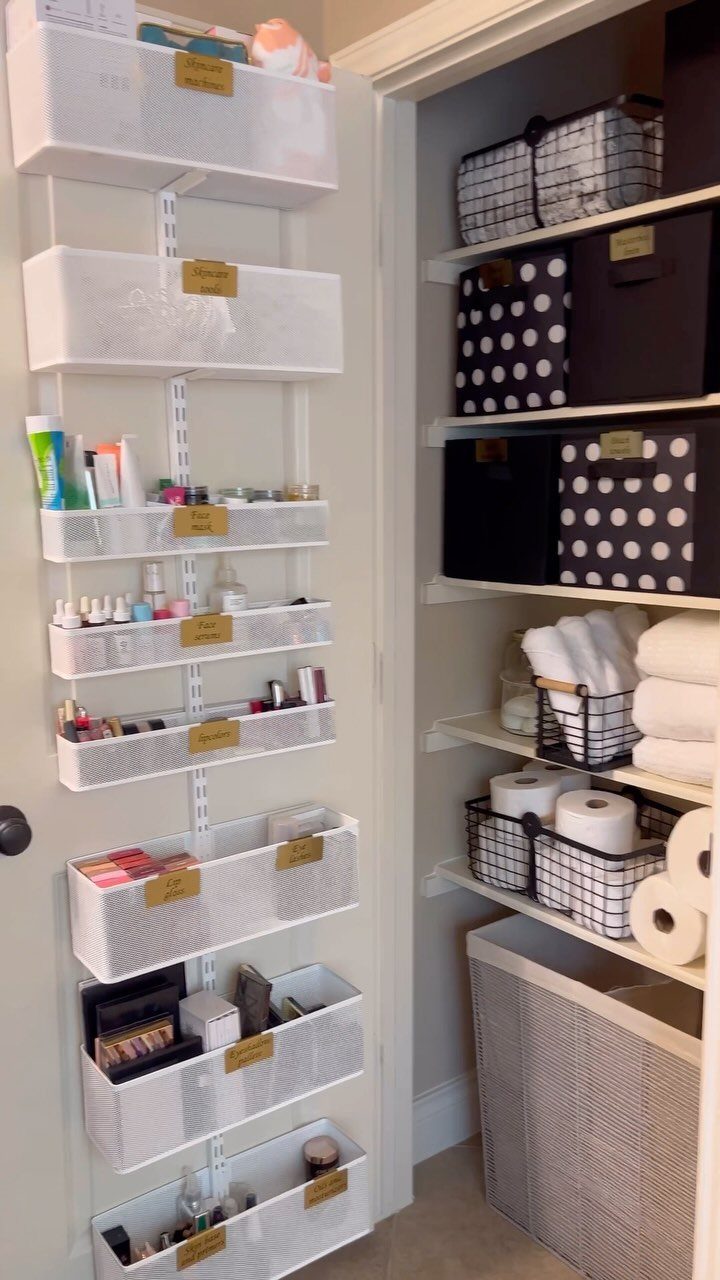 10 DIY Closet Ideas for Room With No Closet 8 White wire over-the-door organizer filled with various beauty and skincare products hanging on a door.