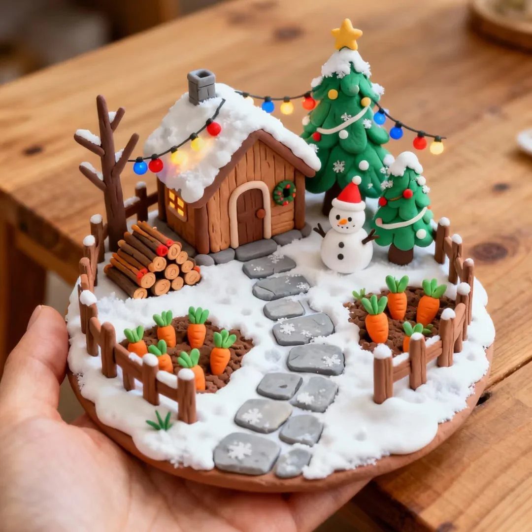 Easy Christmas Clay Ideas: 9 Projects for Handmade Ornaments 6 A miniature clay winter scene with a small house, snowman, and Christmas trees on snow.