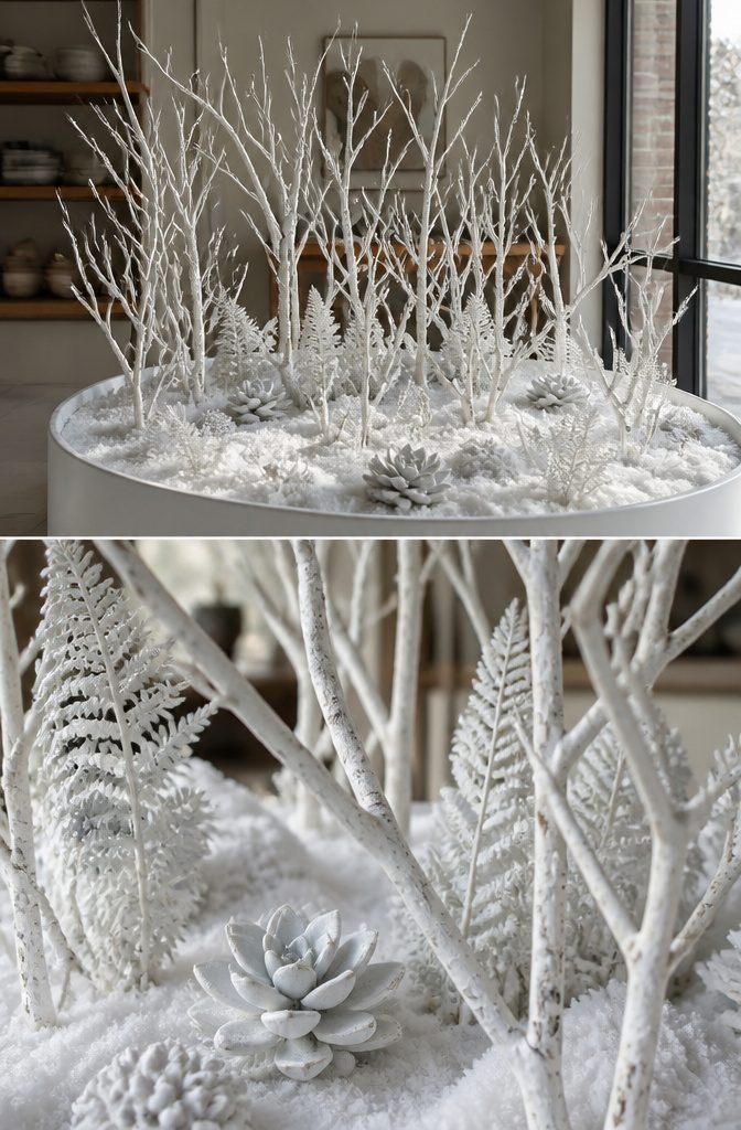 Fairy Snow Garden: How to Create a Winter Miniature World 3 Ordinary twigs painted white arranged as part of a winter scene.