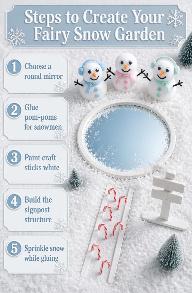 Fairy Snow Garden: How to Create a Winter Miniature World 5 A round mirror nestled in artificial snow, representing a pond.