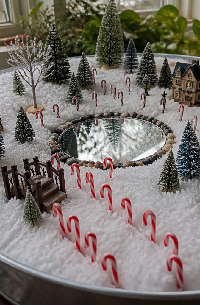 Fairy Snow Garden: How to Create a Winter Miniature World 2 A close-up of miniature accessories in a dish of artificial snow.