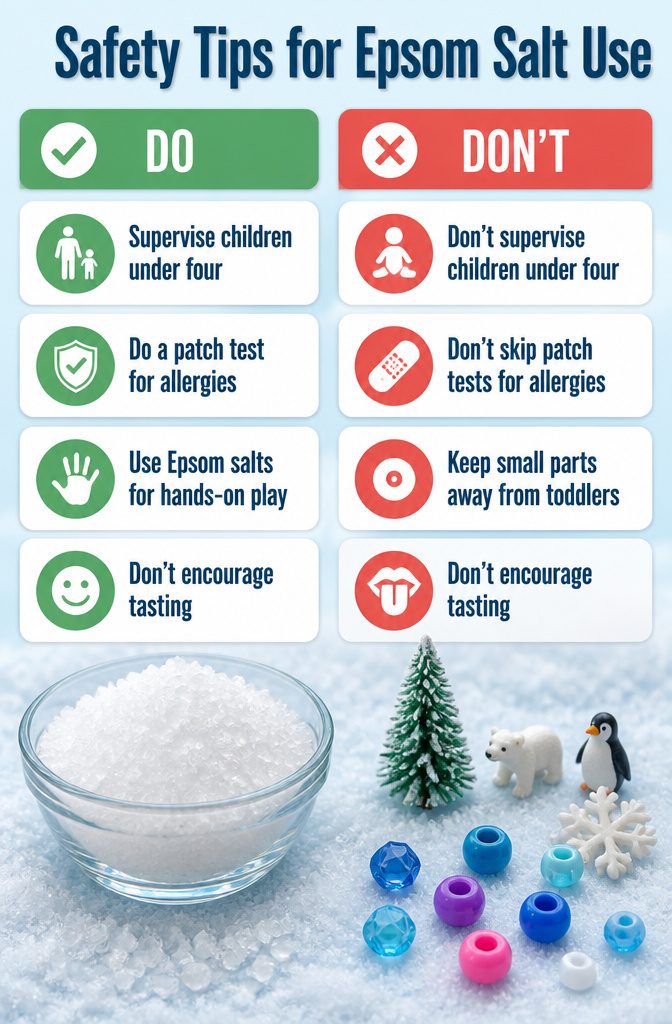 Fairy Snow Garden: How to Create a Winter Miniature World 8 Safety tips for using Epsom salts and small objects in crafts.