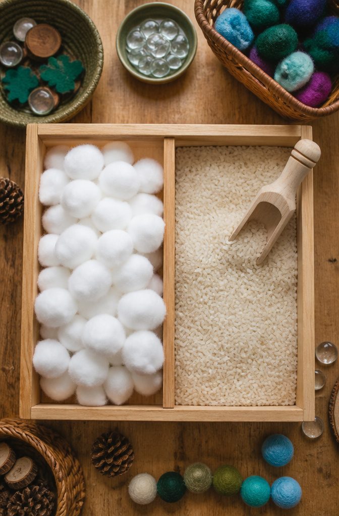 Fairy Snow Garden: How to Create a Winter Miniature World 4 Cotton balls, white rice, and shredded paper in a play setting.