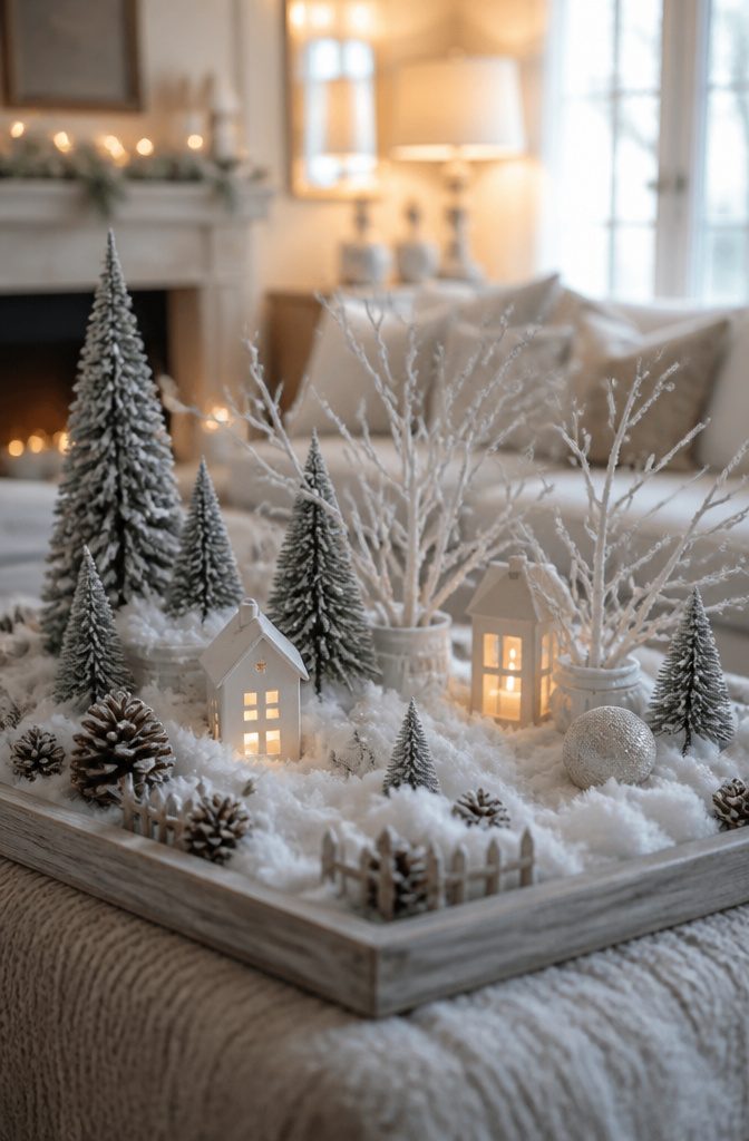 Fairy Snow Garden: How to Create a Winter Miniature World 6 A softly lit winter scene with faux snow and evergreen trees.