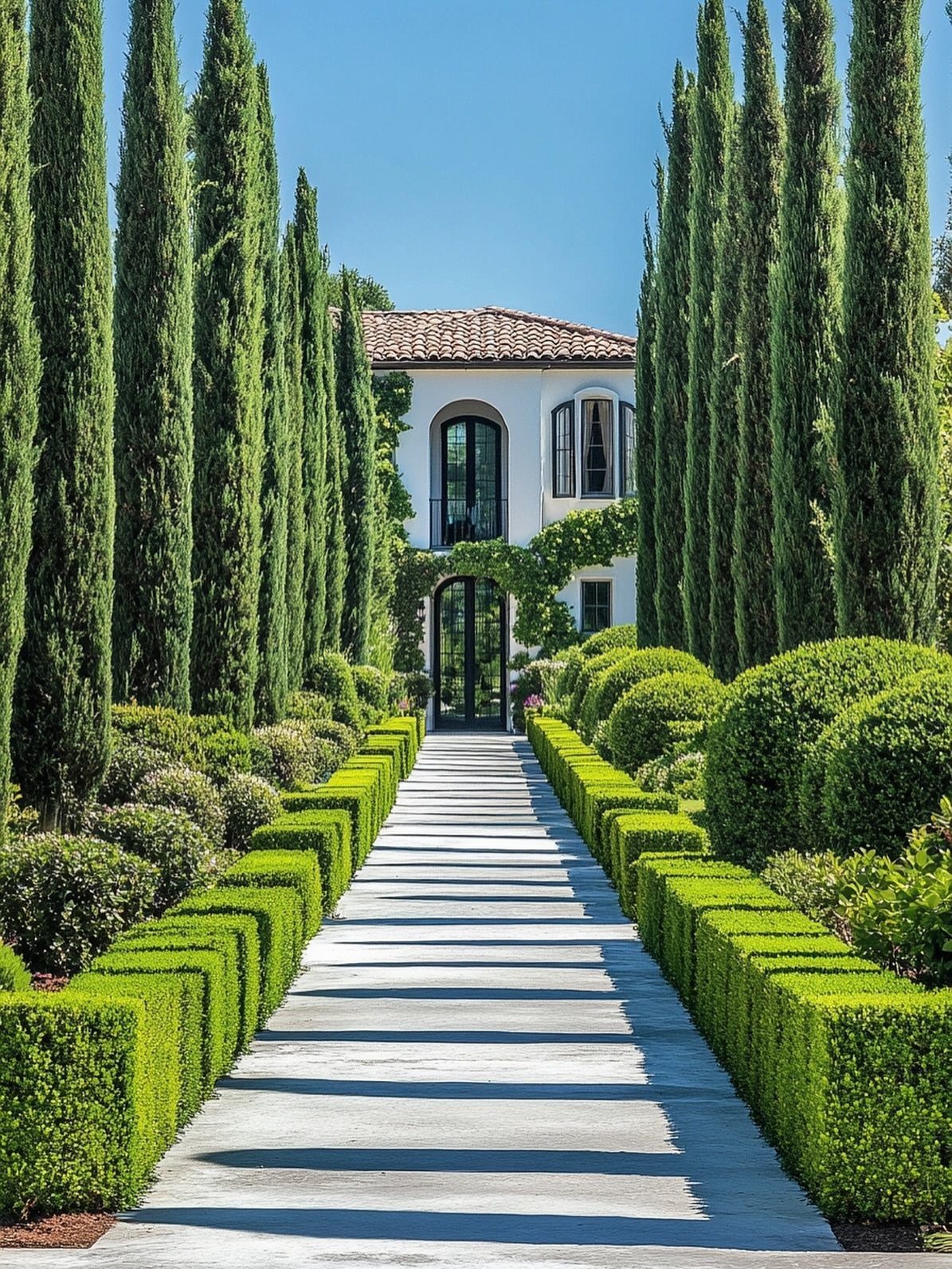 Tall cypress trees line a straight concrete walkway leading toward a white Mediterranean house.