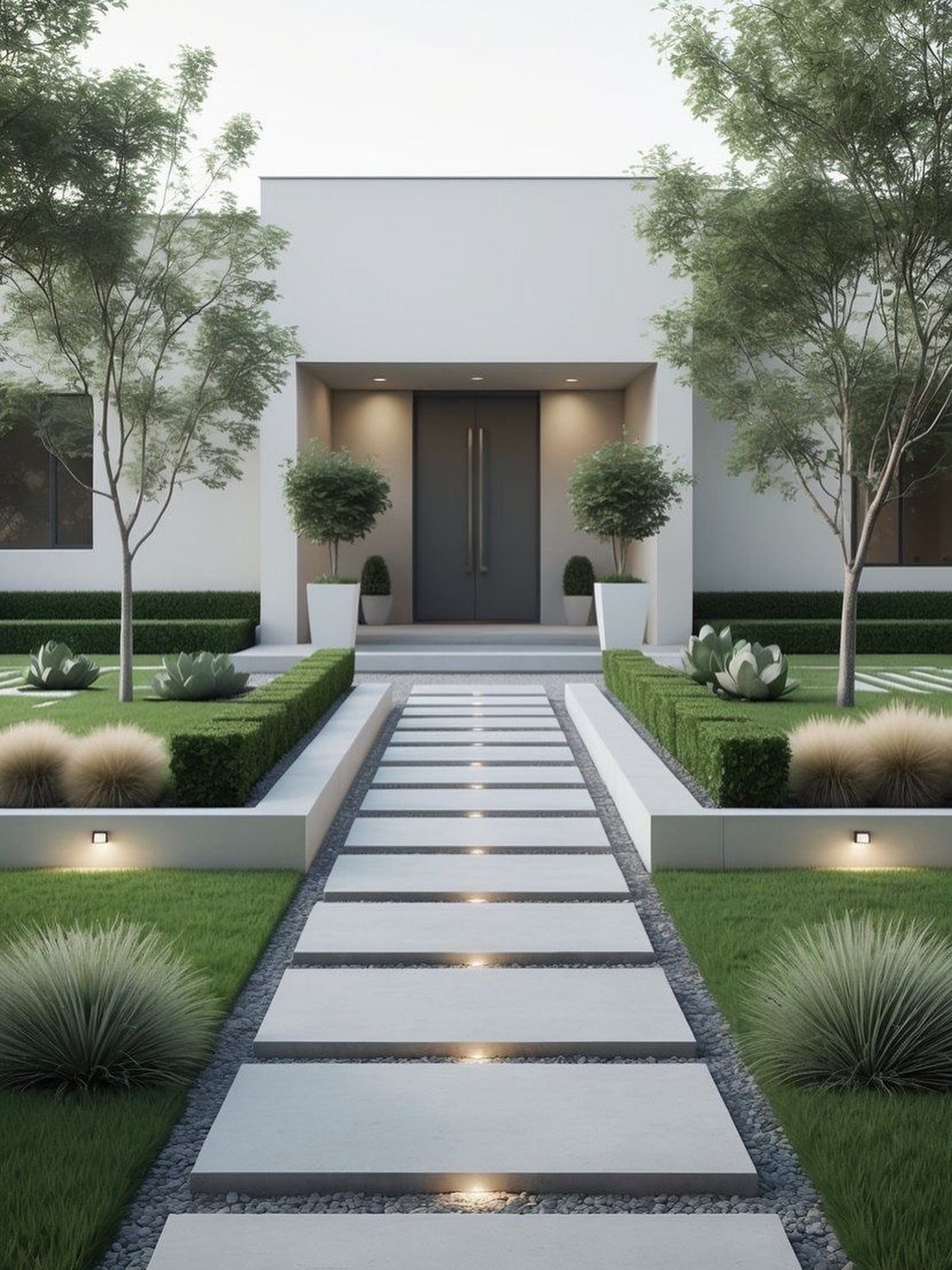 Modern front yard with illuminated concrete pavers and integrated landscape lighting along low walls.