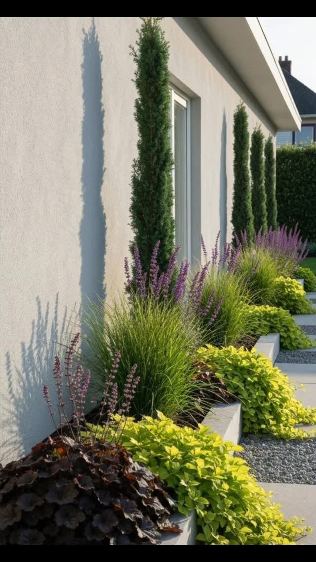 Tall evergreens and colorful layered plants arranged in concrete planters against a grey wall.