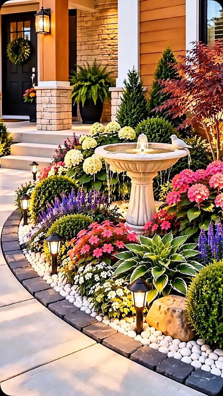 A stone fountain surrounded by colorful flowers and a curved stone walkway with pebble landscaping.