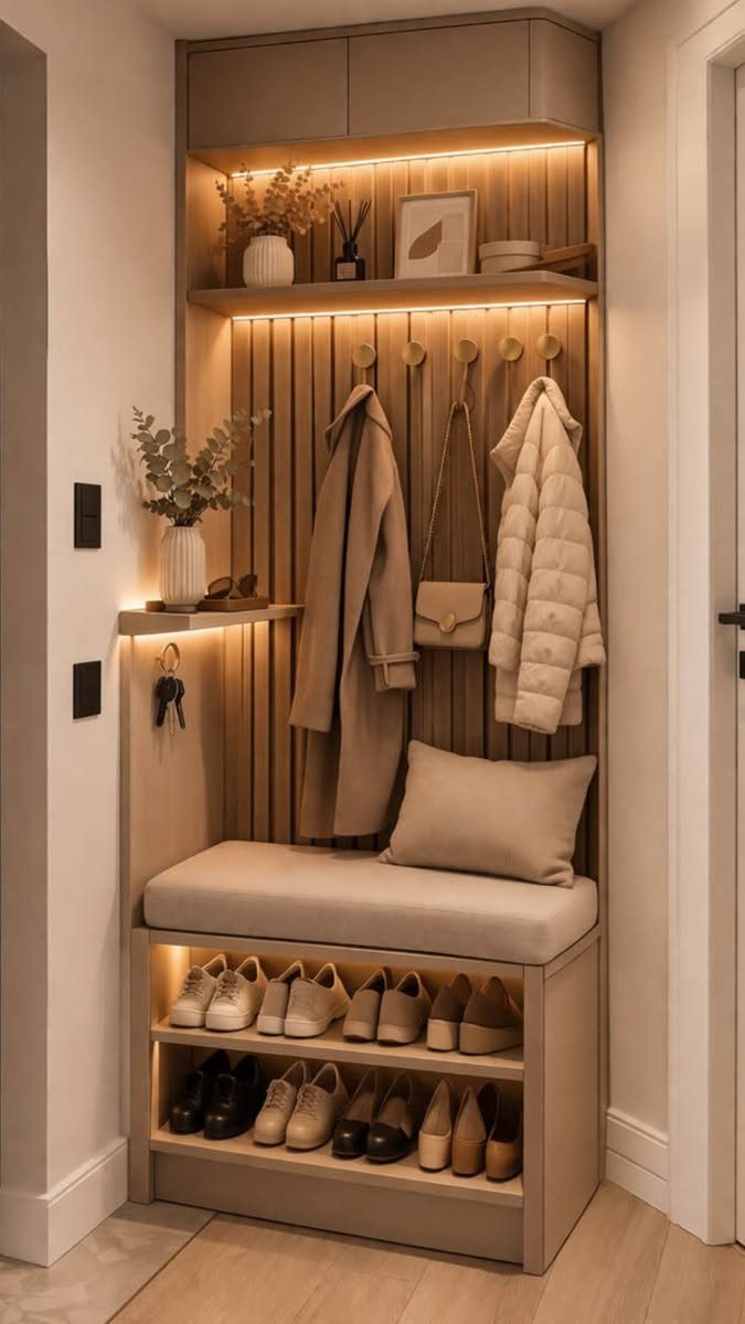 Full Height Shoe Rack Design with Seating: 6 Entryway Ideas 6 Built-in wooden entryway unit with coat hooks, a cushioned bench, and shoe storage shelves below.