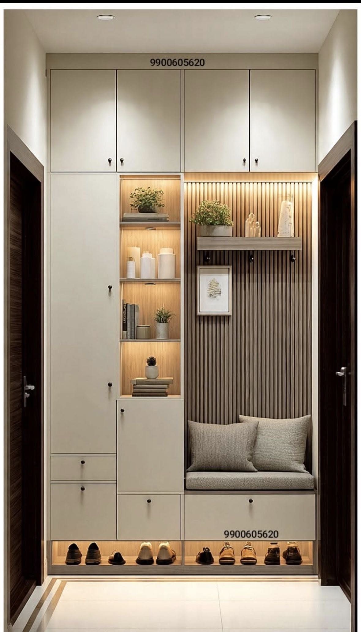 Full Height Shoe Rack Design with Seating: 6 Entryway Ideas 2 Built-in entryway storage unit with tall cabinets, shelving, and a cushioned bench seat above shoe storage.