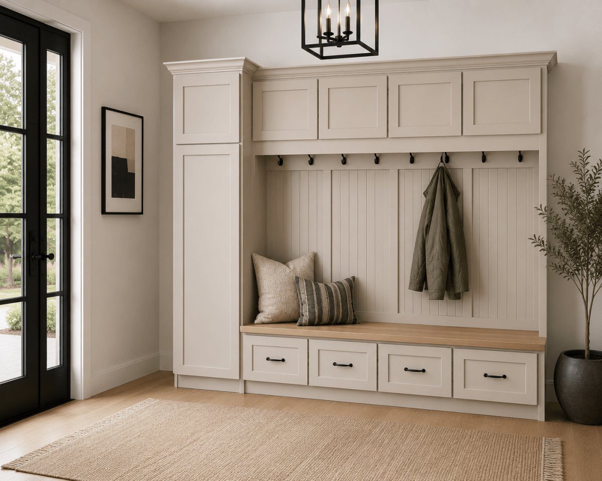 Full Height Shoe Rack Design with Seating: 6 Entryway Ideas 3 Beige built-in mudroom unit with upper cabinets, coat hooks, a wooden bench, and bottom storage drawers.