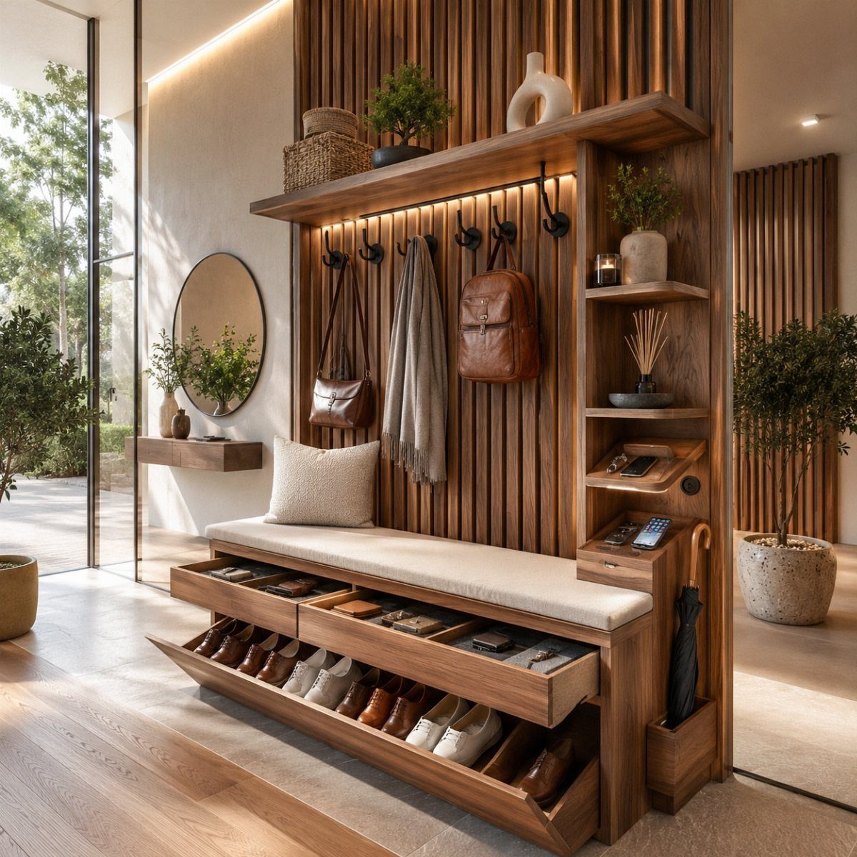 Full Height Shoe Rack Design with Seating: 6 Entryway Ideas 1 Wooden entryway organizer with a cushioned bench, shoe storage drawers, and wall hooks for bags.