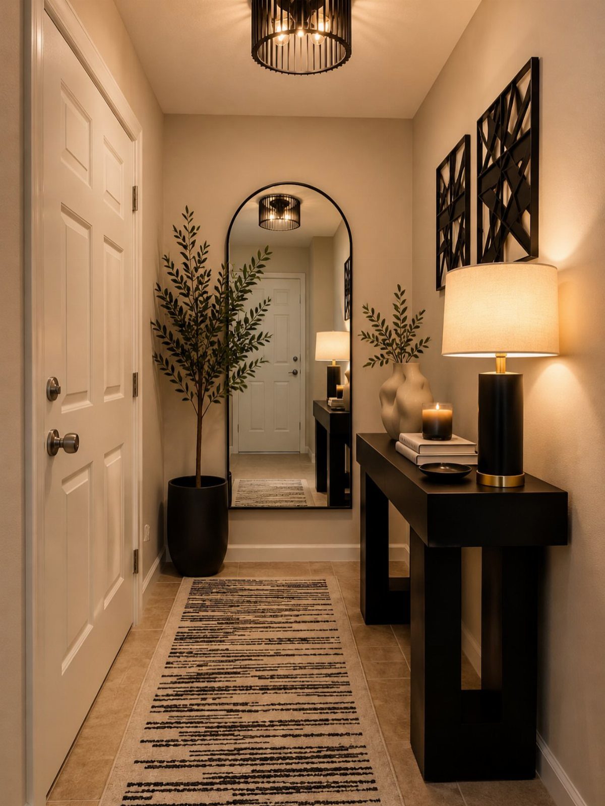 An arched mirror leaning against a wall in a decorated entryway with a console table and rug.