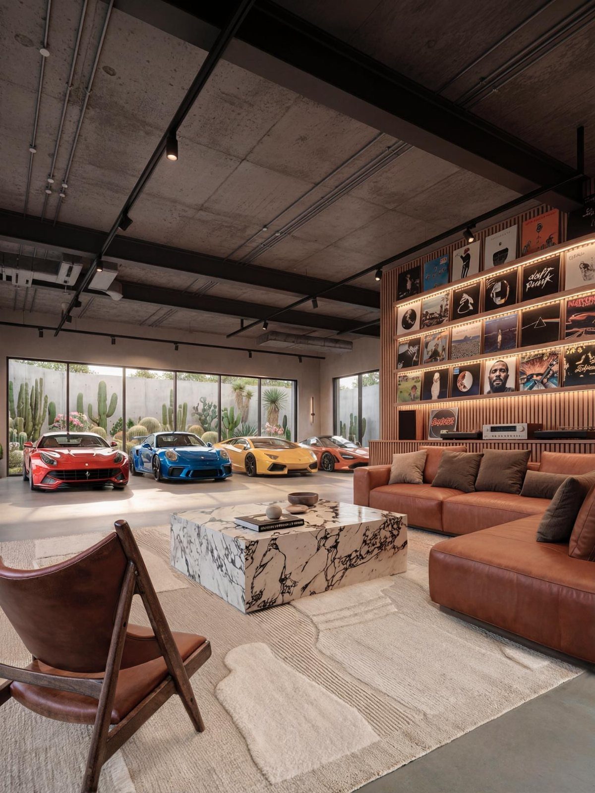 10 Garage Hangout Ideas for Comfortable Seating, Lighting, and More 1 A luxury garage lounge with a brown leather sectional sofa and marble coffee table near sports cars.