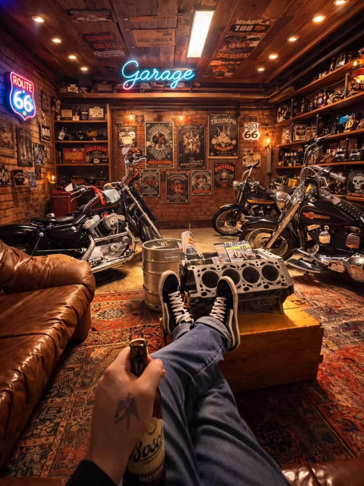 10 Garage Hangout Ideas for Comfortable Seating, Lighting, and More 9 Motorcycles parked in a cozy garage lounge with warm ambient lighting and neon signs.