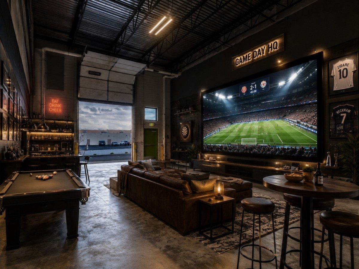 10 Garage Hangout Ideas for Comfortable Seating, Lighting, and More 3 A luxury garage lounge with a giant screen showing soccer, a pool table, and leather seating.