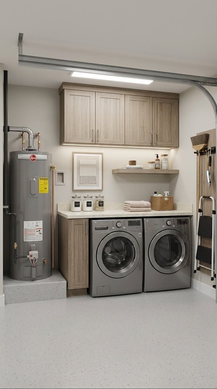 11 Garage Laundry Room Ideas for Storage, Style and Smart Layouts 10 Laundry appliances and wooden cabinets installed next to a silver water heater in a garage.