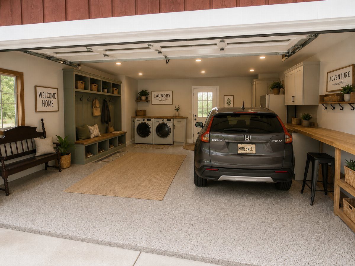 11 Garage Laundry Room Ideas for Storage, Style and Smart Layouts 9 A garage featuring laundry machines, mudroom cubbies, and a workbench with a car parked inside.