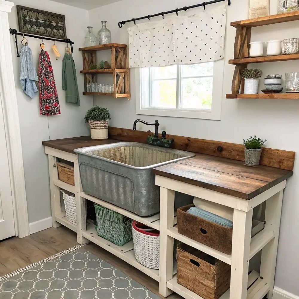 11 Garage Laundry Room Ideas for Storage, Style and Smart Layouts 4 Galvanized metal utility sink built into a wooden countertop with white storage shelving below.