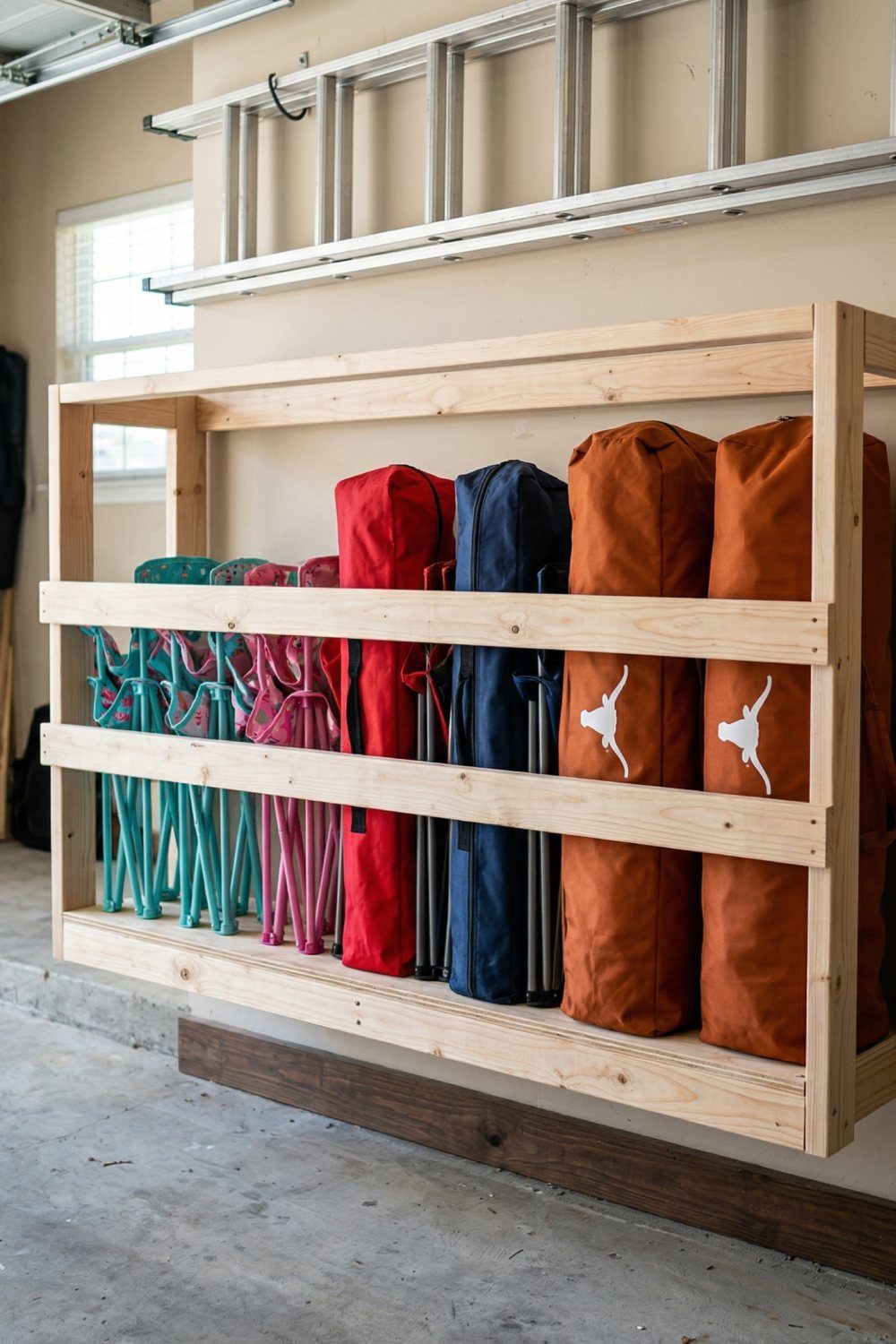 Garage Storage for 4 Camping Chair Ideas That Free the Floor 1 A wooden DIY wall-mounted rack storing various colorful folded camping chairs in fabric bags.
