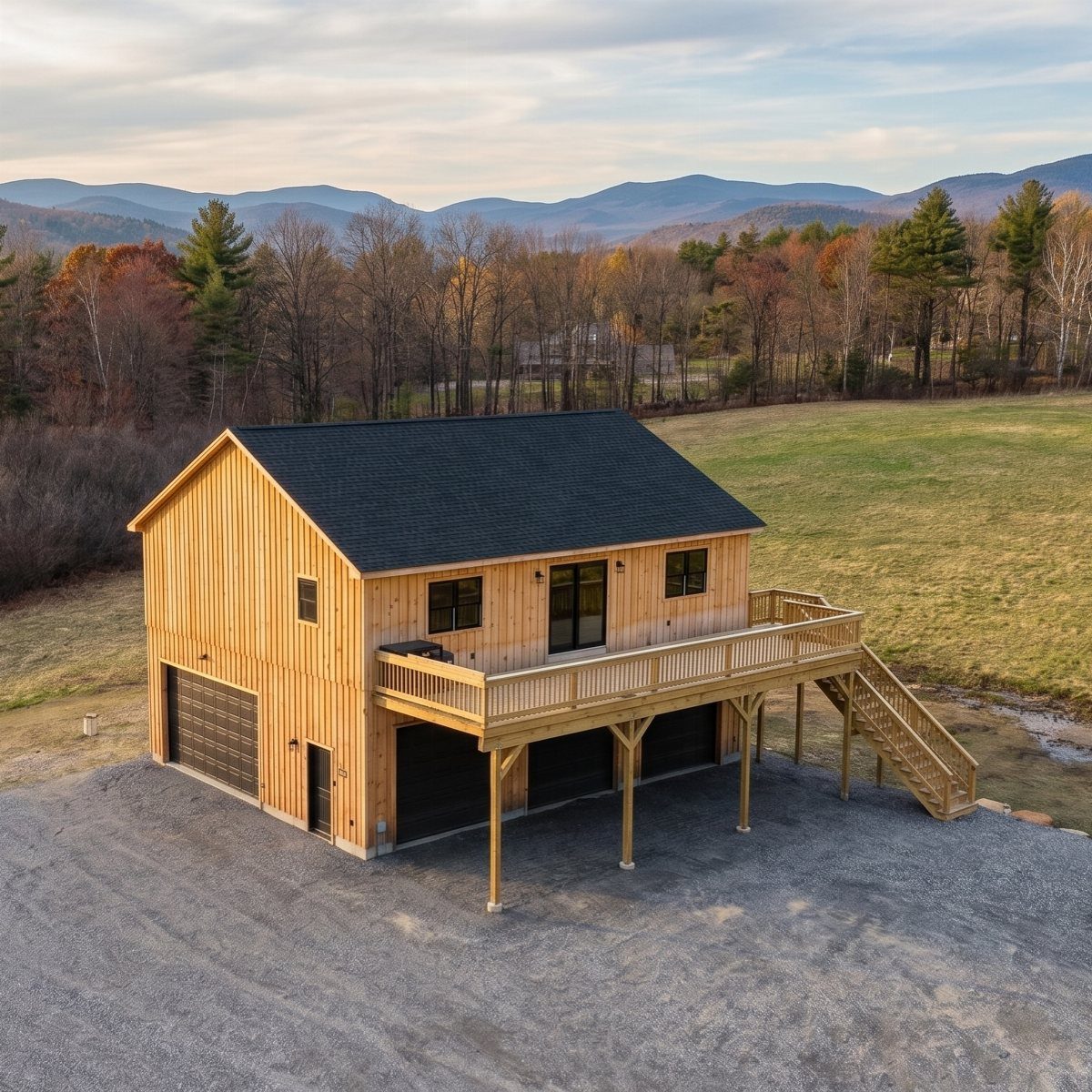 Two-story wooden garage apartment with a living space above and a large outdoor deck.