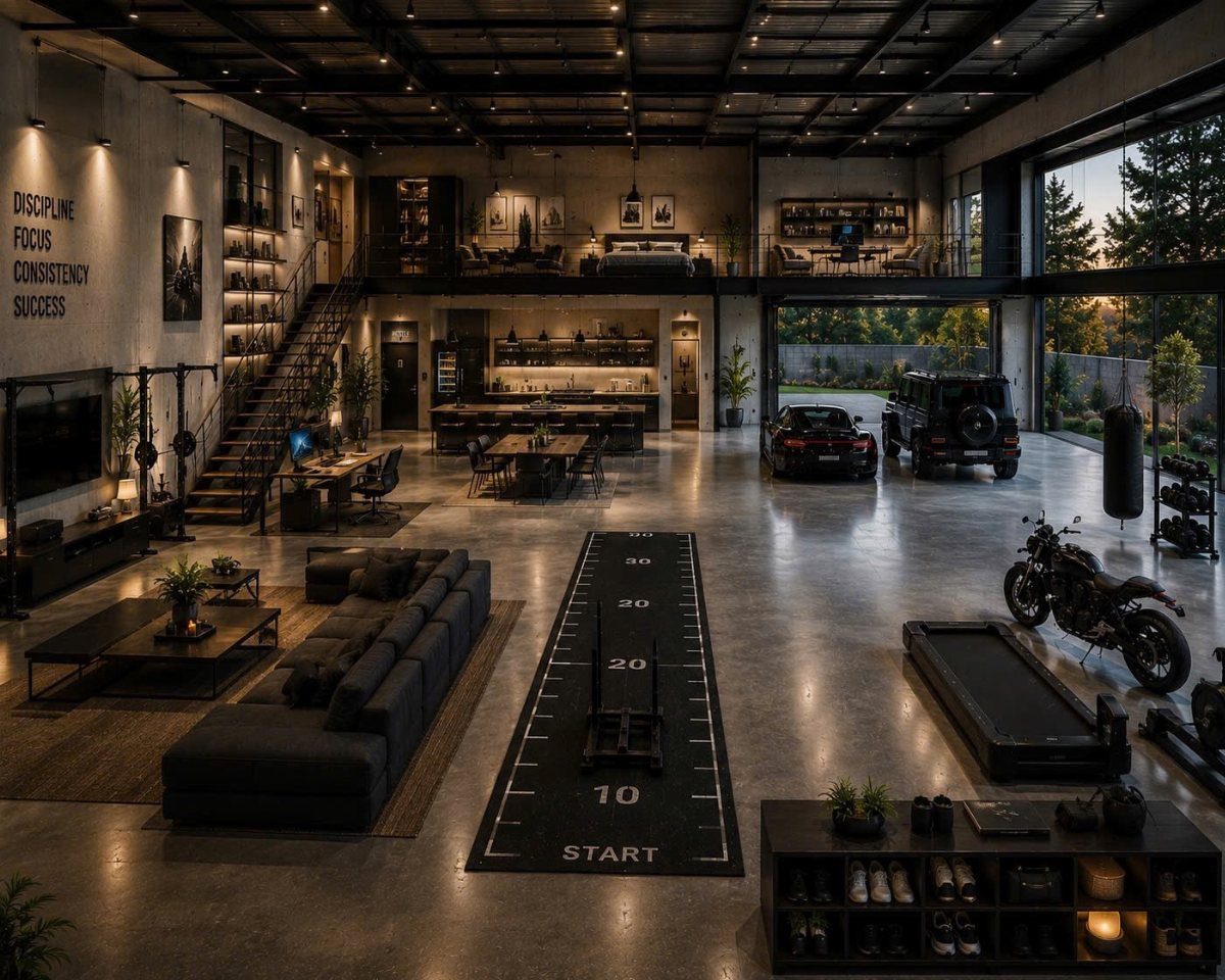 Modern industrial loft combining a living room, kitchen, and garage with luxury cars and a motorcycle.