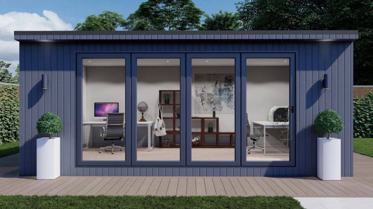 Garden Shed Design: 7 Ways to Use the Space You Have 2 A modern blue garden office with large glass windows showing a functional workspace inside.