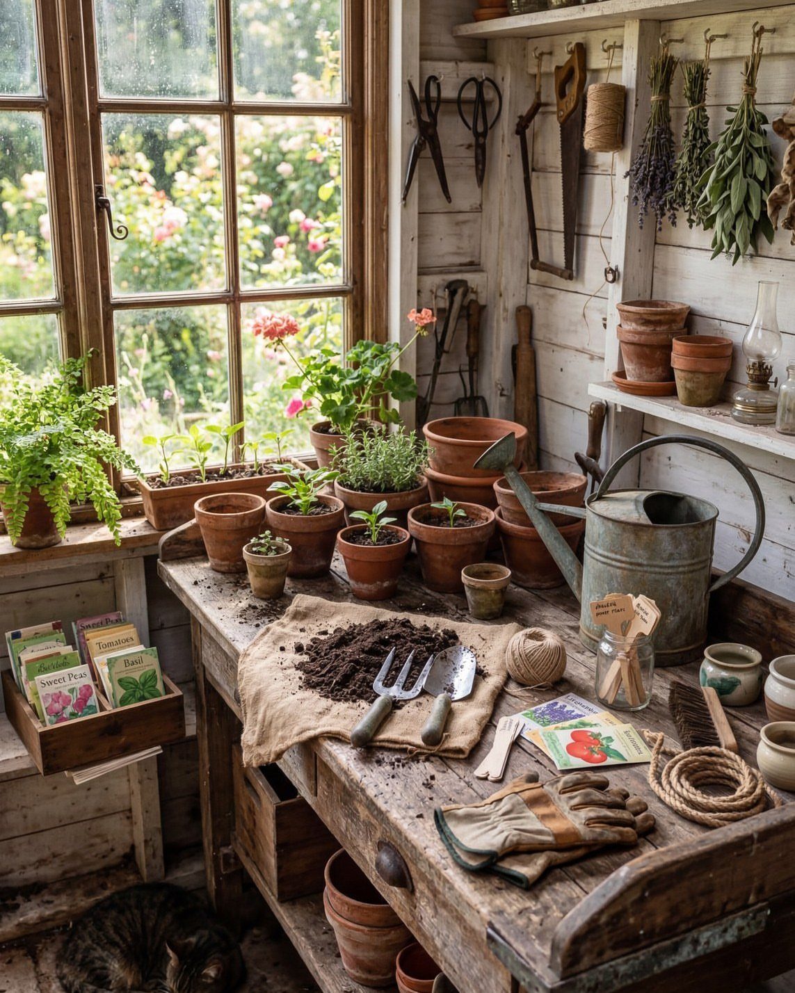 Garden Shed Design: 7 Ways to Use the Space You Have 5 A rustic wooden potting bench filled with terracotta pots, soil, gardening tools, and a watering can.
