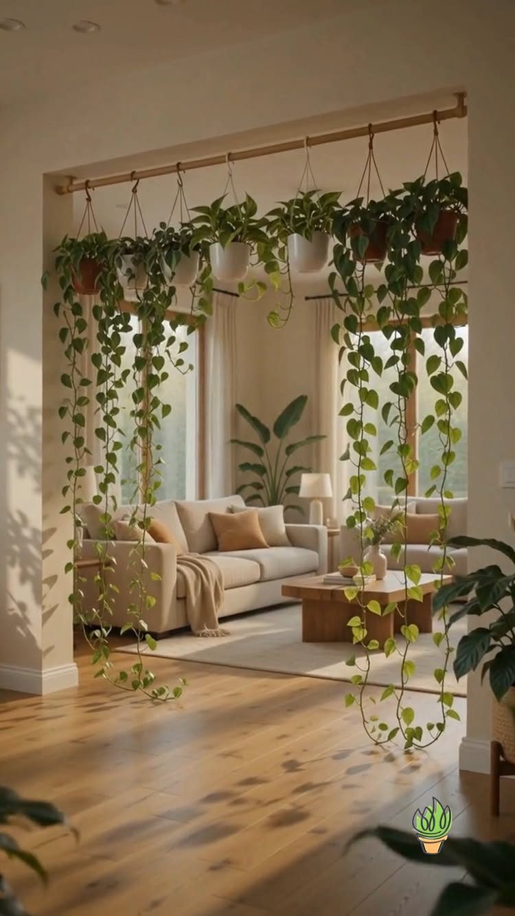 Trailing green plants hanging from a wooden rod in a bright, modern living room.