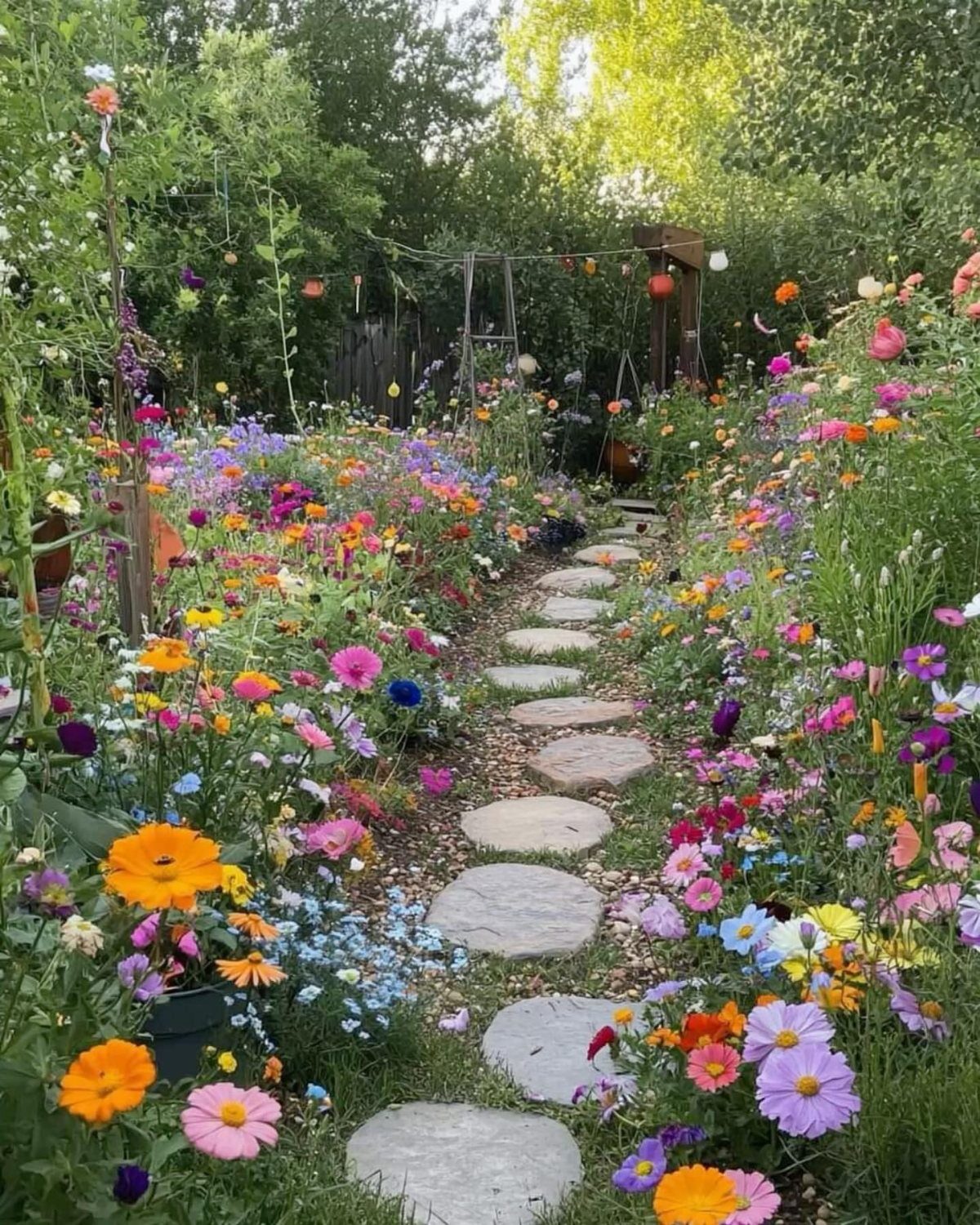 Colorful wildflowers and stepping stones create a winding path through a lush, vibrant garden.
