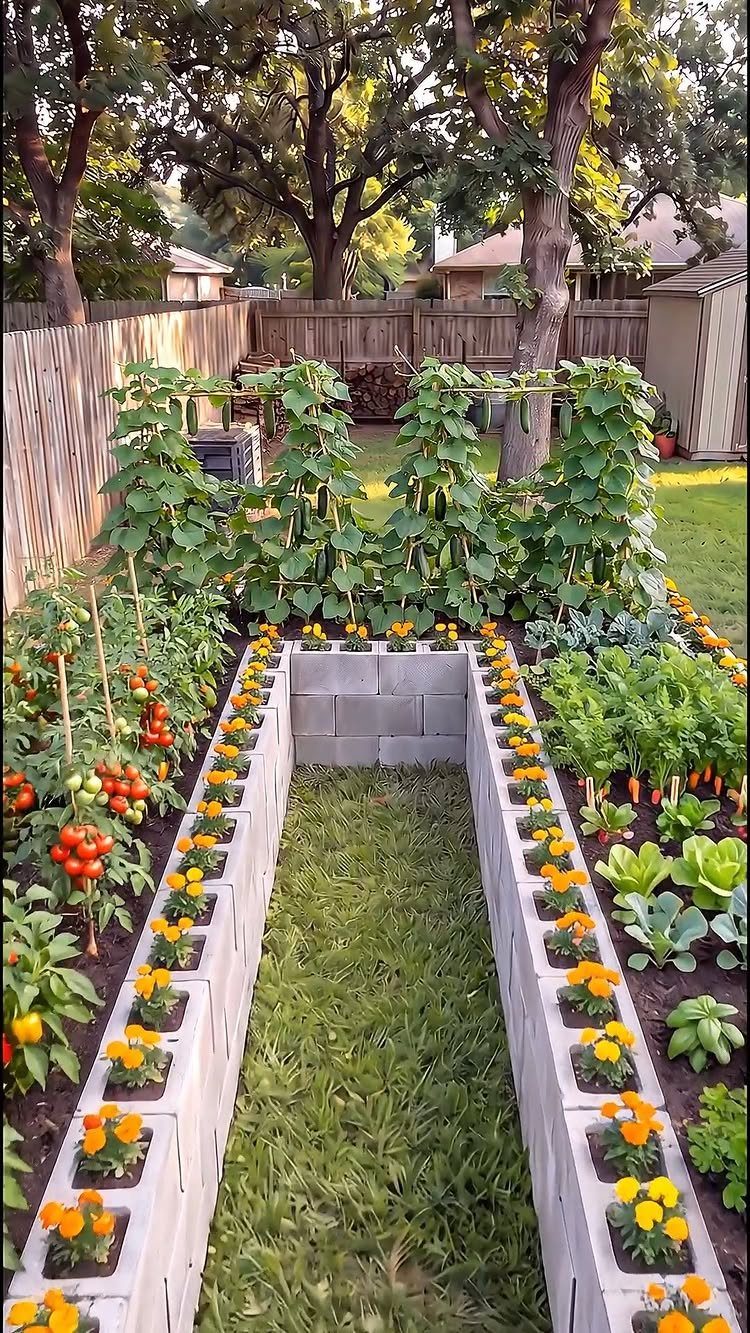 A raised concrete block garden bed filled with tomatoes, leafy vegetables, and bright orange flowers.