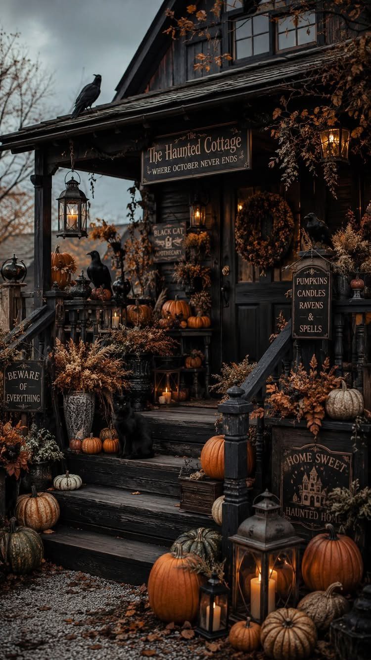 5 Goth Halloween Decor Ideas for a Properly Dark Holiday 1 A dark cottage porch decorated with pumpkins, lanterns, black crows, and gothic Halloween signs.