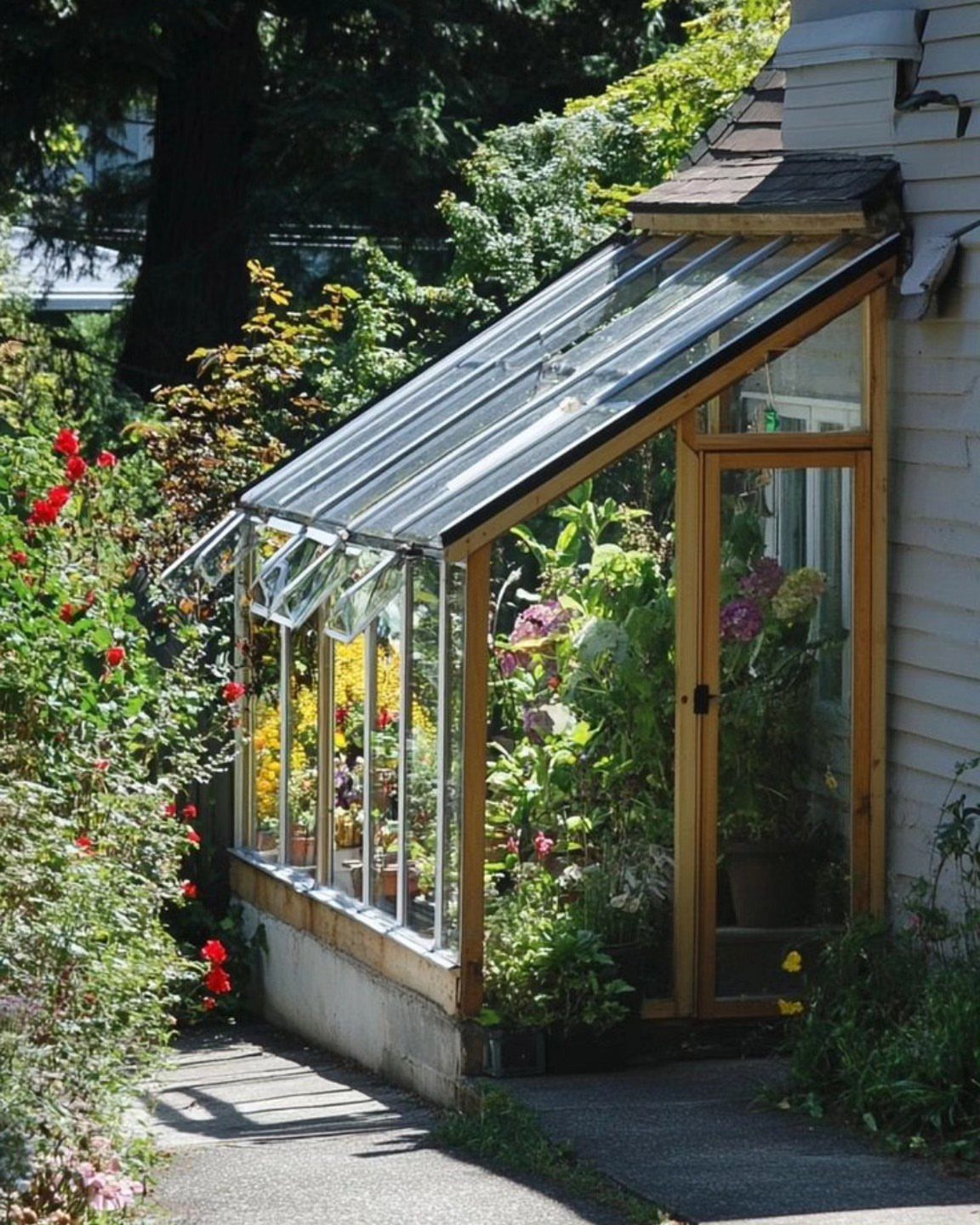 9 Greenhouse Garden Ideas for Every Size and Budget 6 A wooden lean-to greenhouse attached to a house, filled with lush green plants and flowers.