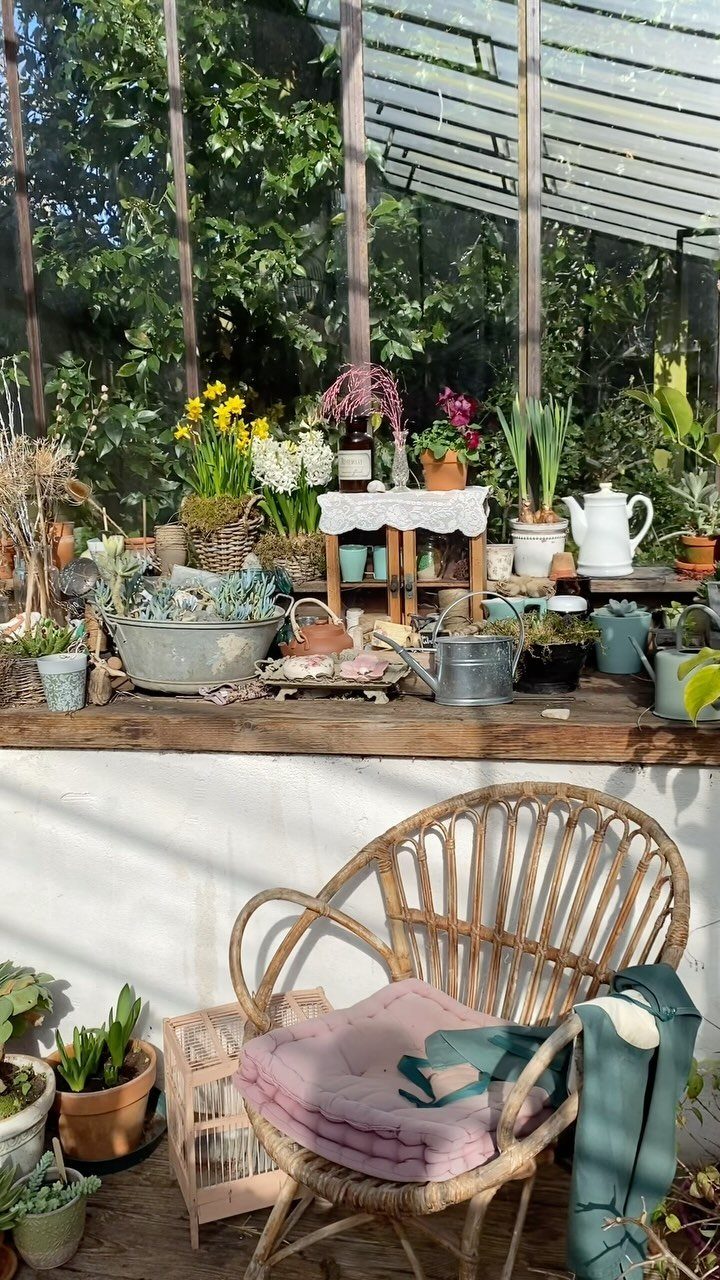 9 Greenhouse Garden Ideas for Every Size and Budget 9 Potted plants and vintage garden decor arranged on a wooden workbench inside a bright greenhouse.