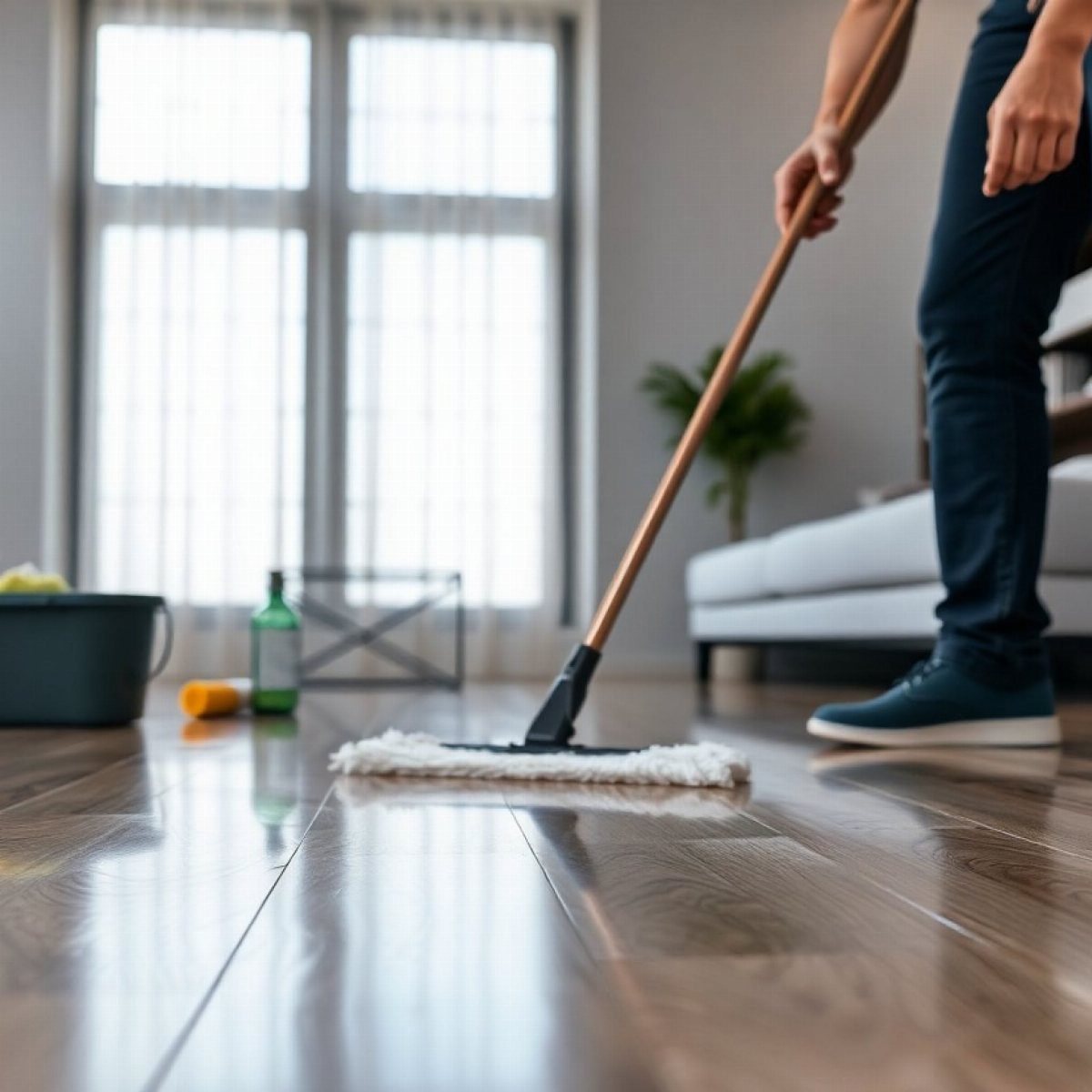 How to Deep Clean New Apartment: 5 Room-by-Room Moves 3 A person mopping a shiny wooden floor in a bright, modern living room setting.