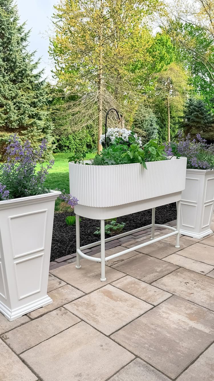 White decorative planters with green plants and purple flowers on a stone patio.