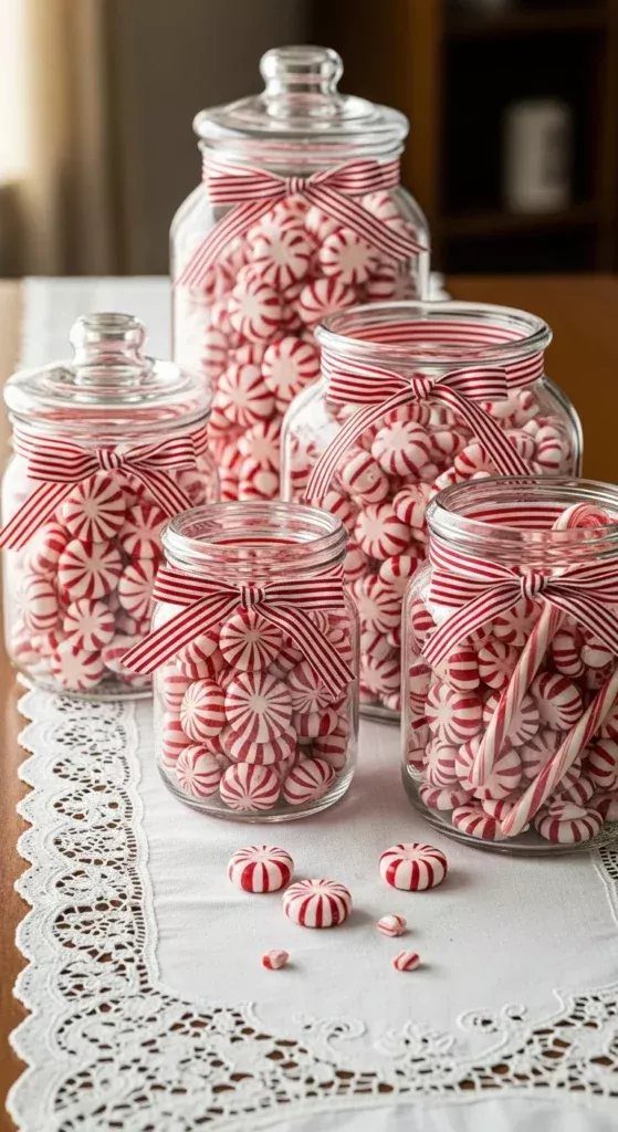 Several glass mason jars filled with red and white peppermint candies and tied with striped ribbons.