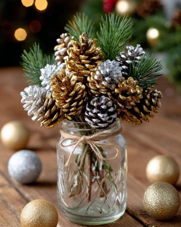Gold and silver painted pinecones with green pine needles arranged in a mason jar on wood.