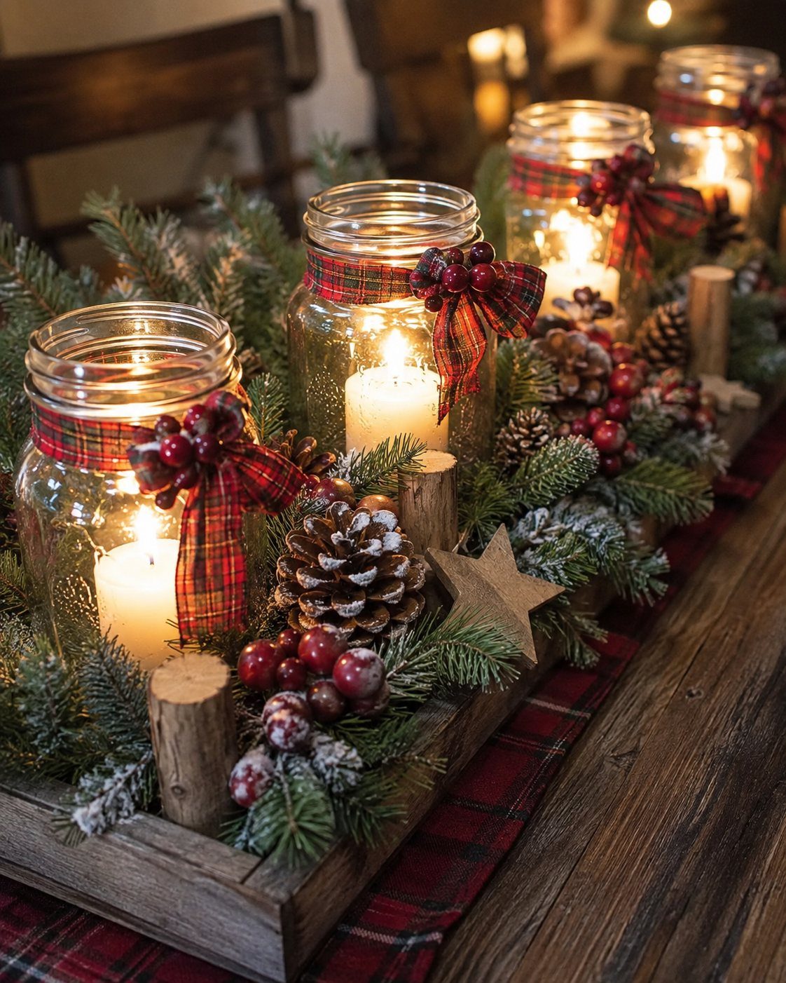 Lit mason jar candles with red bows arranged in a wooden tray with pinecones and greenery.