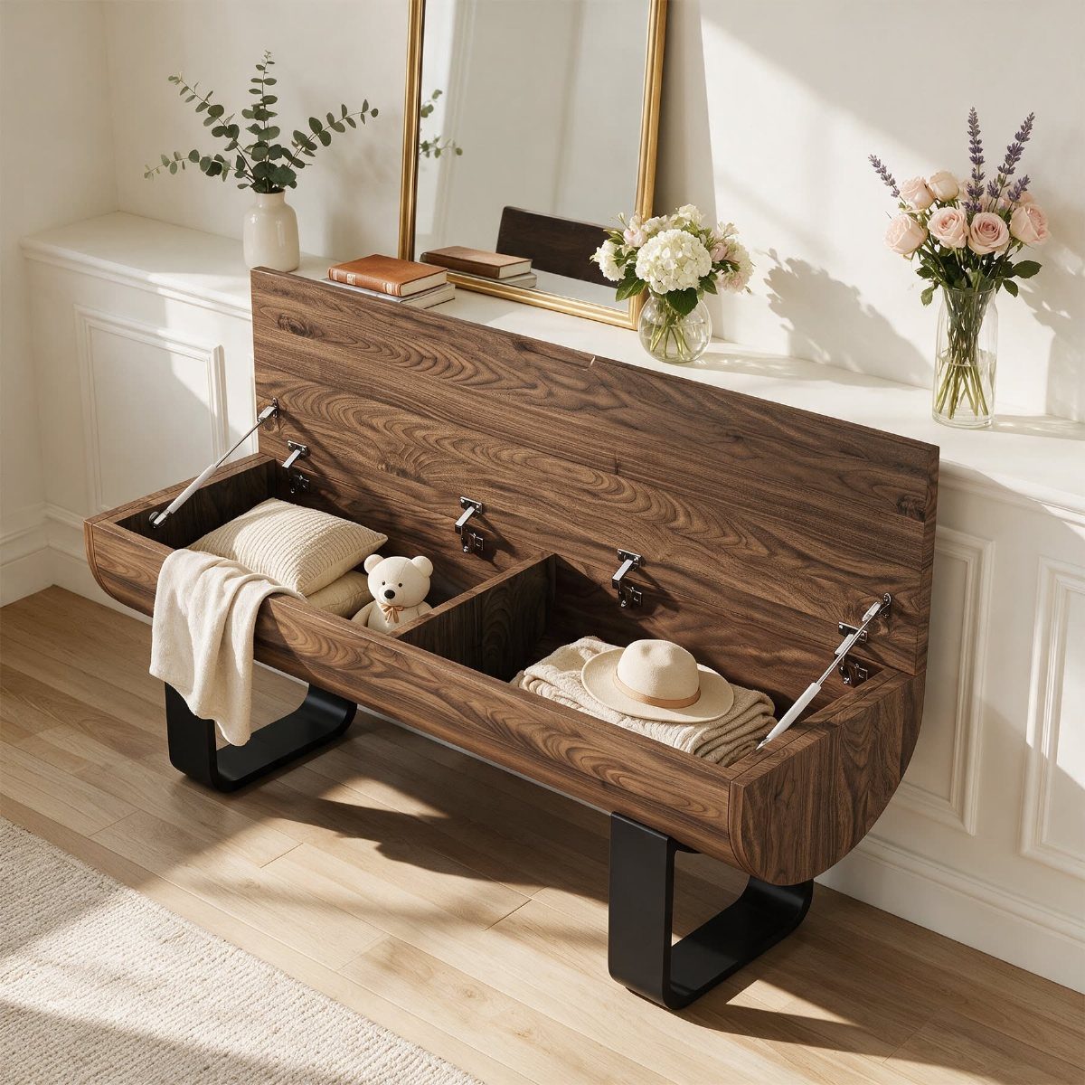 Mid Century Modern Entryway Bench With Storage: 8 Ideas 8 Open walnut wood storage bench containing pillows, a teddy bear, and a sun hat in a bright room.