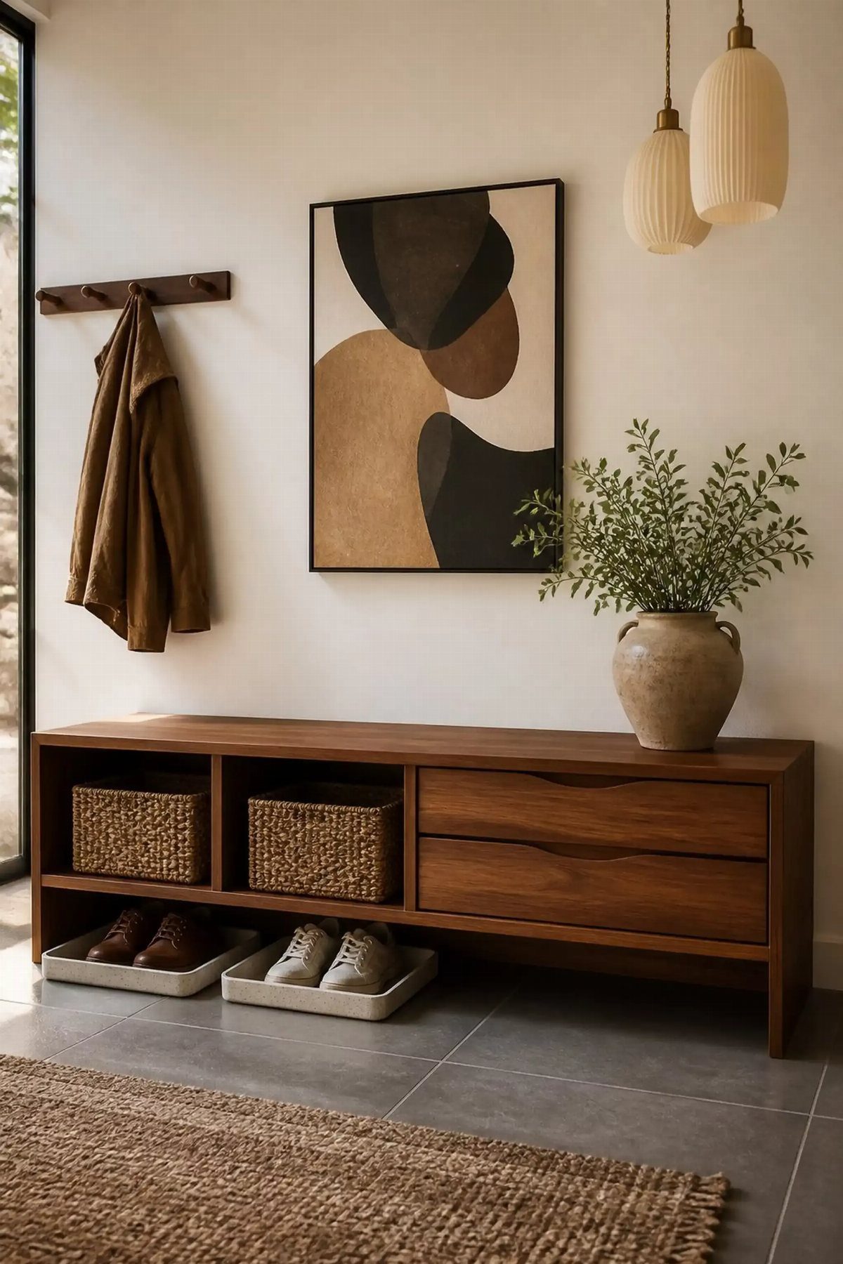 Mid Century Modern Entryway Bench With Storage: 8 Ideas 7 Wooden entryway bench with two drawers and two open cubbies containing wicker baskets against a white wall.
