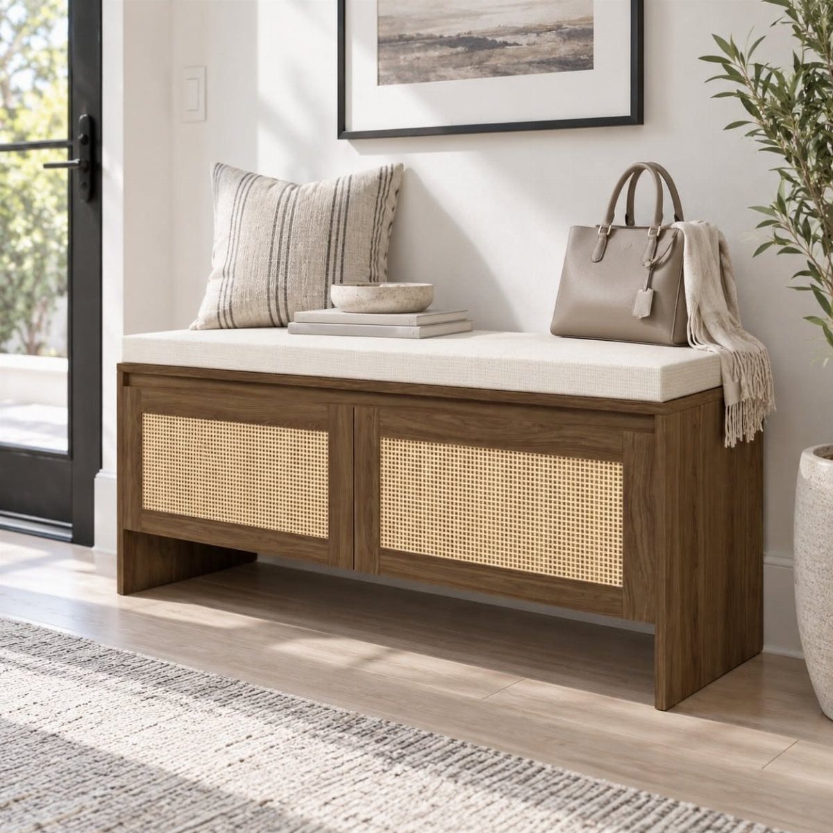 Mid Century Modern Entryway Bench With Storage: 8 Ideas 1 Wooden entryway bench featuring two cane door panels and a white cushioned seat top.
