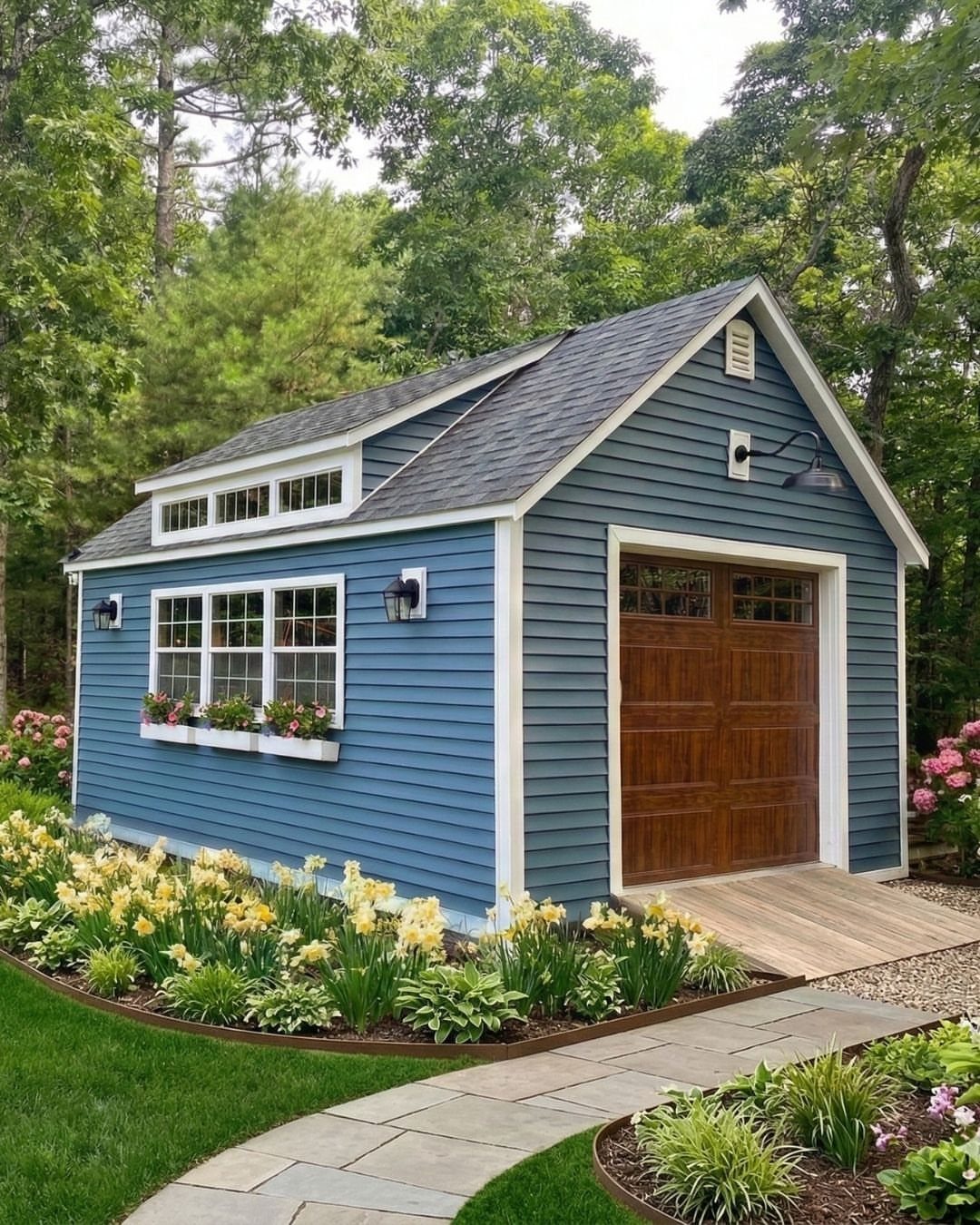 7 Modern Shed Ideas for Compact Yards, Studios & Integrated Outdoor Living 4 A blue modern shed with a large wooden door and white trim surrounded by flowers.