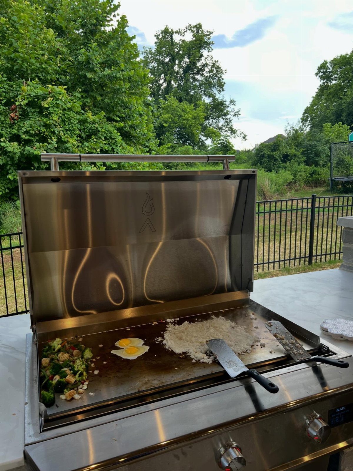 Outdoor Kitchen No Grill: 8 Ideas for Cooking Outside 8 Stainless steel outdoor griddle cooking eggs, rice, and vegetables on a stone countertop outdoors.
